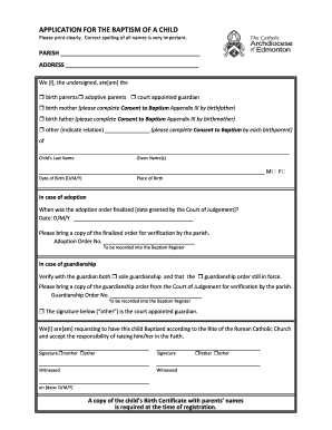 Application for Baptism of a Child