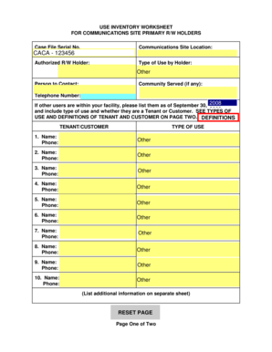 Use Inventory Worksheet for Communications Site Primary R/W Holders