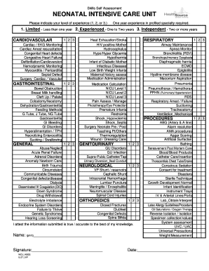 Neonatal Intensive Care Unit Skills Self Assessment