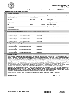 Tennessee 401(k) Plan Beneficiary Designation Form