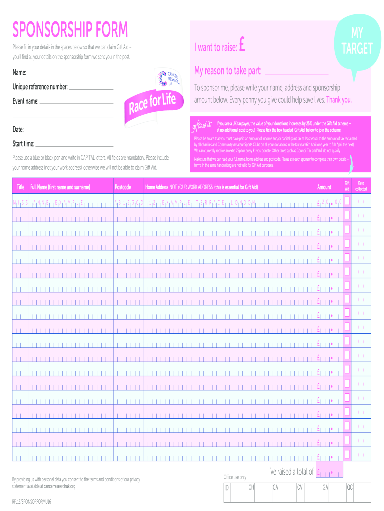 Race For Life Sponsor Form 22 - Fill Online, Printable, Fillable Within Blank Sponsor Form Template Free