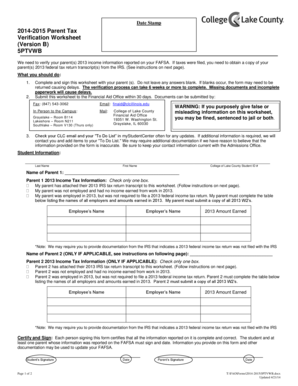 2014-2015 Parent Tax Verification Worksheet