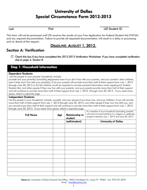 University of Dallas Special Circumstance Form 2012-2013