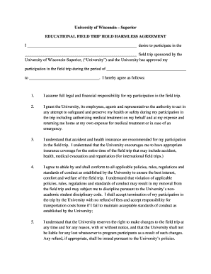 University of Wisconsin Field Trip Hold Harmless Agreement