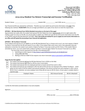 2013-2014 Student Tax Return Transcript and Income Verification