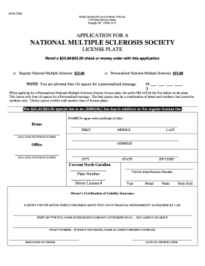 North Carolina National MS Society License Plate Application