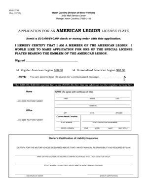 North Carolina American Legion License Plate Application