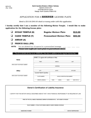 North Carolina Shriner License Plate Application
