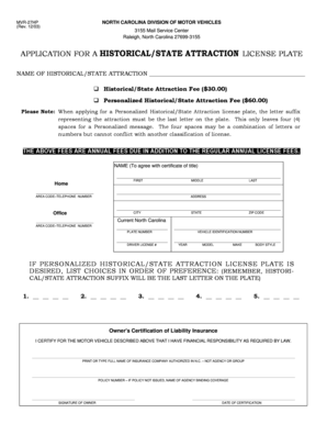 North Carolina Historical/State Attraction License Plate Application