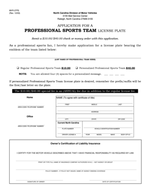 North Carolina Professional Sports Team License Plate Application