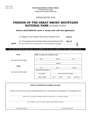 North Carolina Great Smoky Mountains License Plate Application