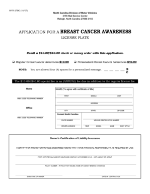 North Carolina Breast Cancer Awareness License Plate Application