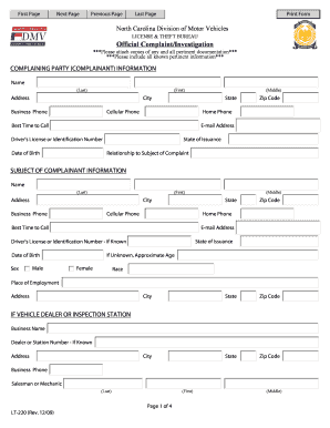 North Carolina DMV Complaint Form