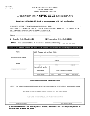 North Carolina Civic Club License Plate Application