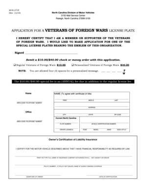 North Carolina Veterans of Foreign Wars License Plate Application