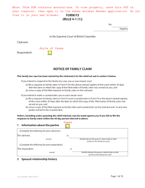 British Columbia Notice of Family Claim