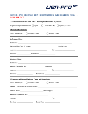 Repair and Storage Lien Registration Form
