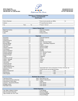 Business Expense Profit and Loss Worksheet