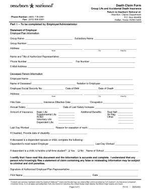 Death Claim Form for Group Life and Accidental Death Insurance