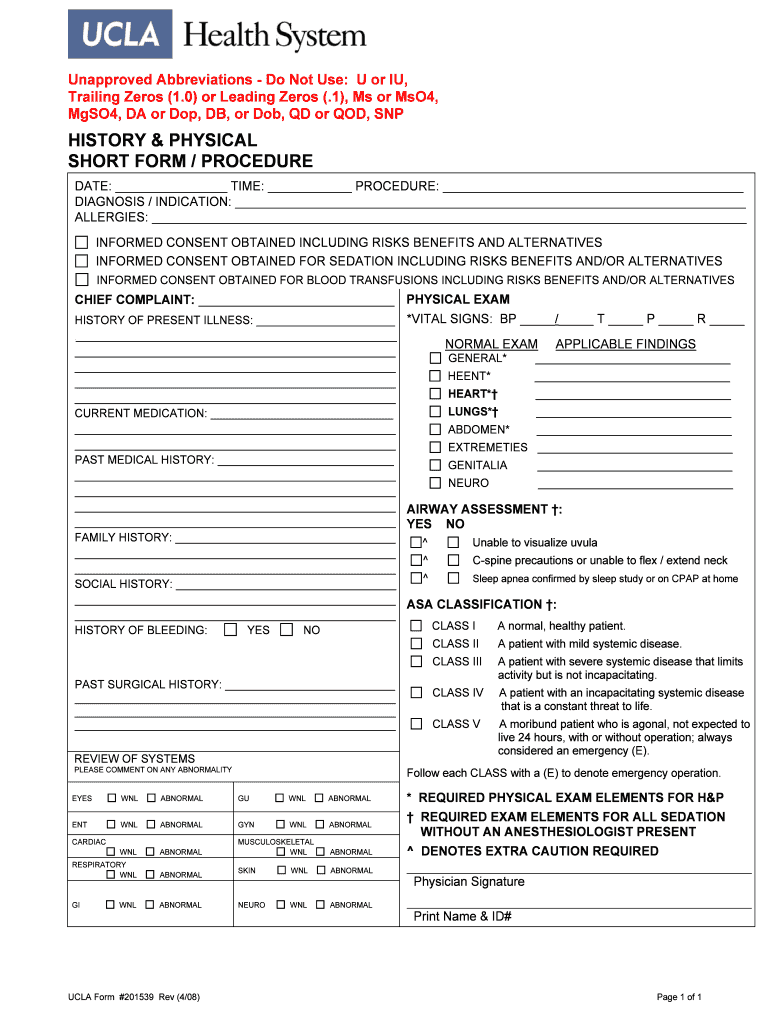 Fillable Online HISTORY & PHYSICAL SHORT FORM / PROCEDURE Fax Email Print pdfFiller