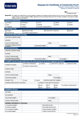 Request for Certificate of Conformity Form