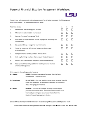 Personal Financial Situation Assessment Worksheet