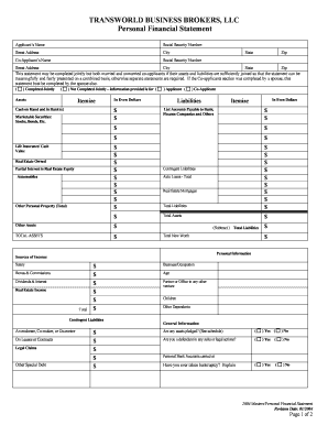 Transworld Business Brokers Personal Financial Statement