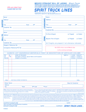 Mexico Straight Bill of Lading - Short Form