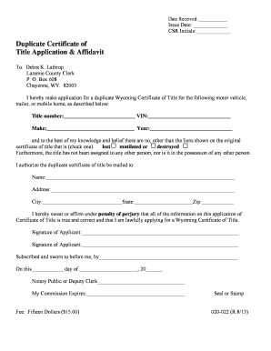 Wyoming Duplicate Certificate of Title Application