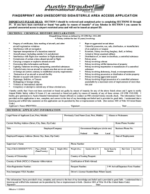 Fingerprint and Unescorted SIDA Access Application