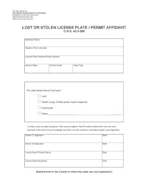 Colorado Lost or Stolen License Plate Affidavit