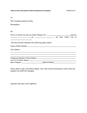 Passport Loss Report Letter to Indian Consulate