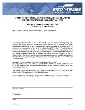 Written Authorization to Prepare and Transmit Electronic Export Information