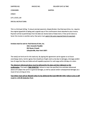 Freight Carrier Confirmation Sheet