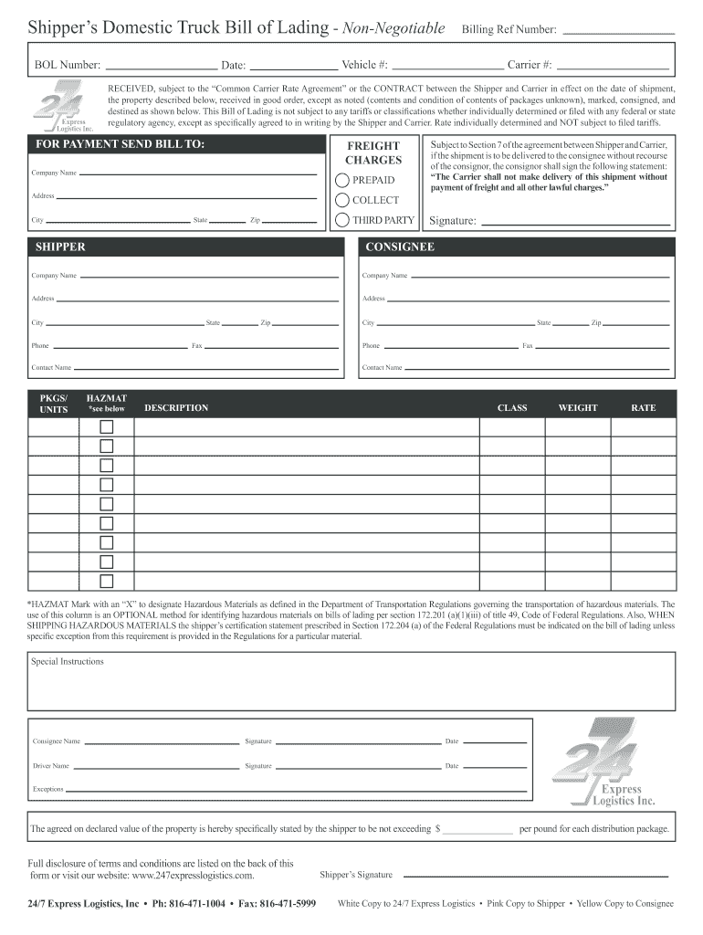 Bill Of Lading Form - Fill Online, Printable, Fillable, Blank Regarding Blank Bol Template