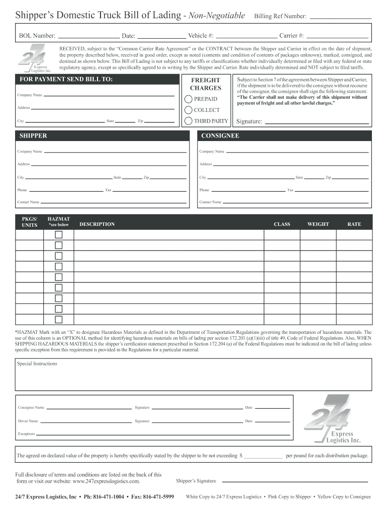 Equipment Bill Of Lading Template Fill Online Printable Fillable 