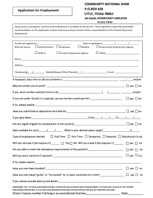 Community National Bank Employment Application