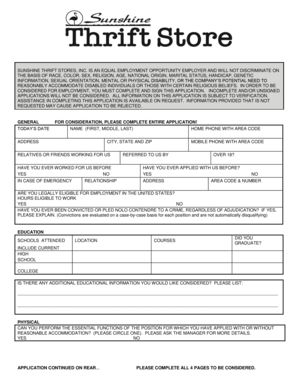 Sunshine Thrift Stores Employment Application