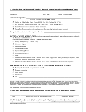 Authorization for Release of Medical Records to Duke Student Health Center