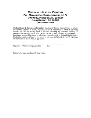 Medical Records Release Form - Shannon Sinsheimer, ND