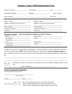 Summer Camp Child Registration Form