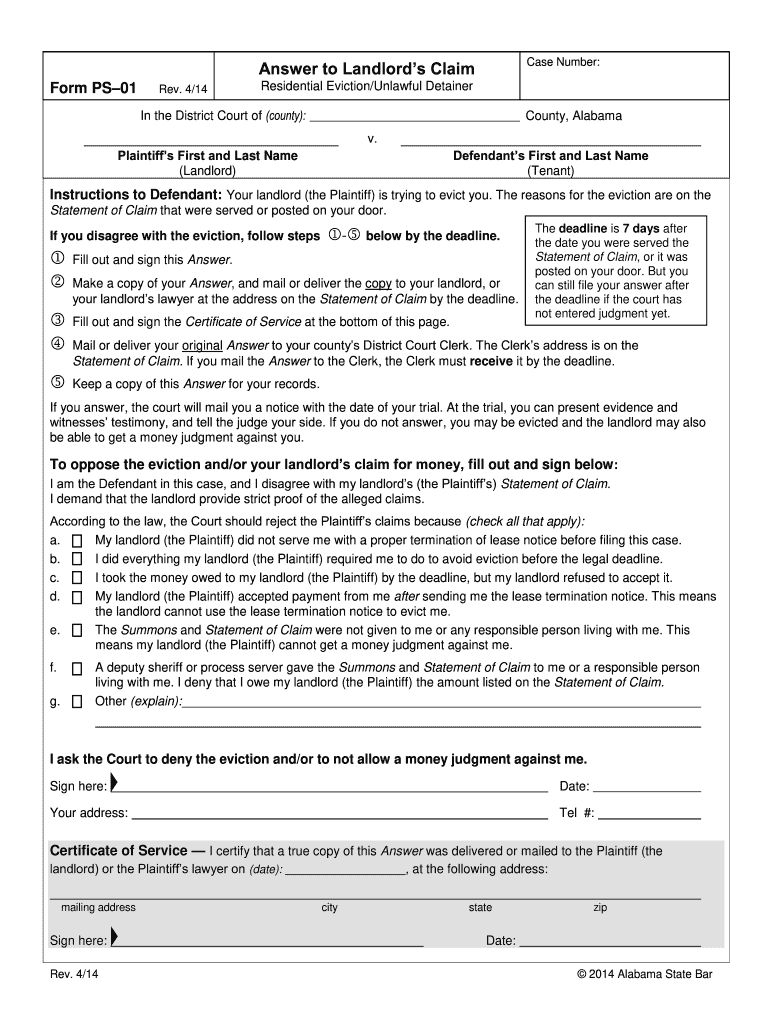 Answer to Landlords Claim - Form PS-01 Preview on Page 1.