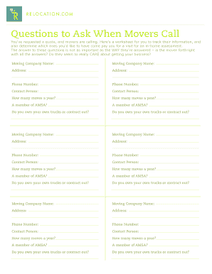 Questions to Ask Movers Worksheet