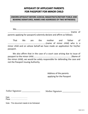 Affidavit of Applicant Parents for Passport for Minor Child