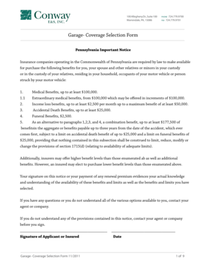 Pennsylvania Garage Coverage Selection Form