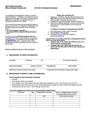 2013-2014 Independent Student Verification Worksheet