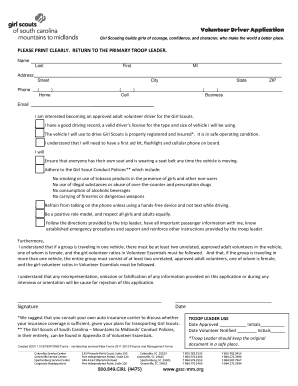 Girl Scouts Volunteer Driver Application