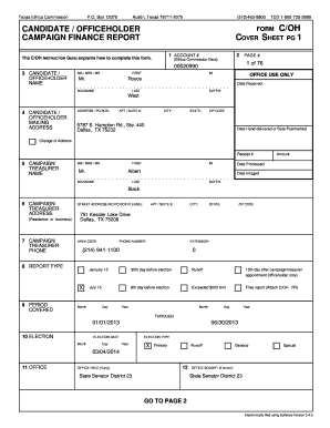 Texas Campaign Finance Report Cover Sheet