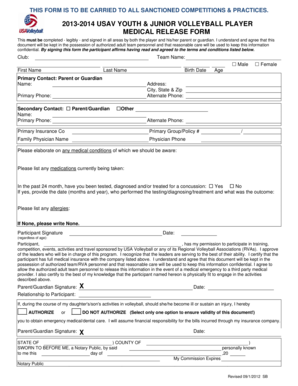 2013-2014 US Youth Volleyball Medical Release Form