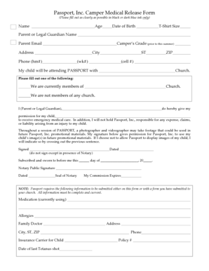 Passport Camper Medical Release Form